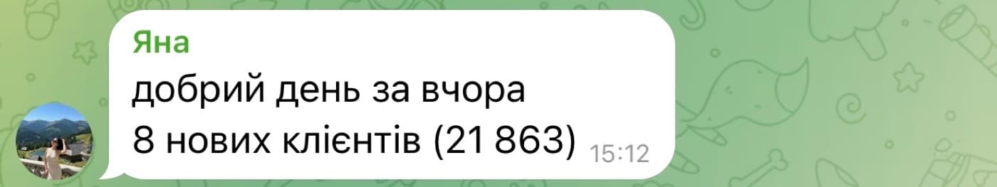 Відгук клієнта: за вчора 8 нових клієнтів