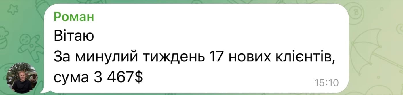 Відгук клієнта: за минулий тиждень 17 нових клієнтів, сума 3 467$